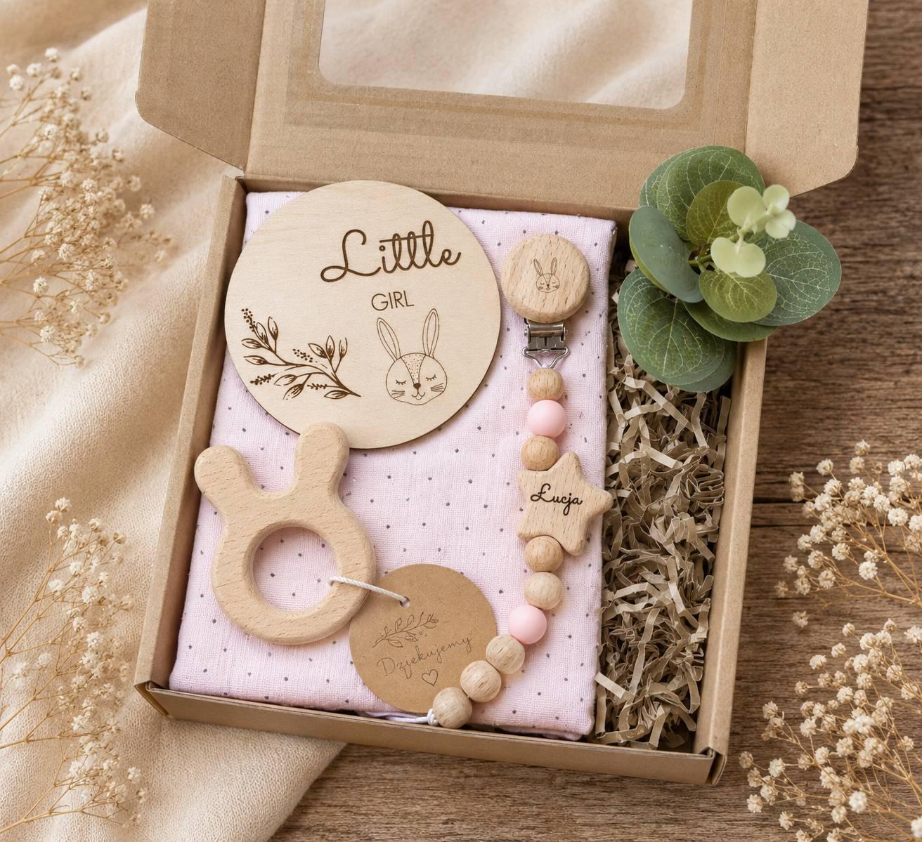 Box dla niemowlaka prezent zawieszka gryzka gift box imie narodziny baby