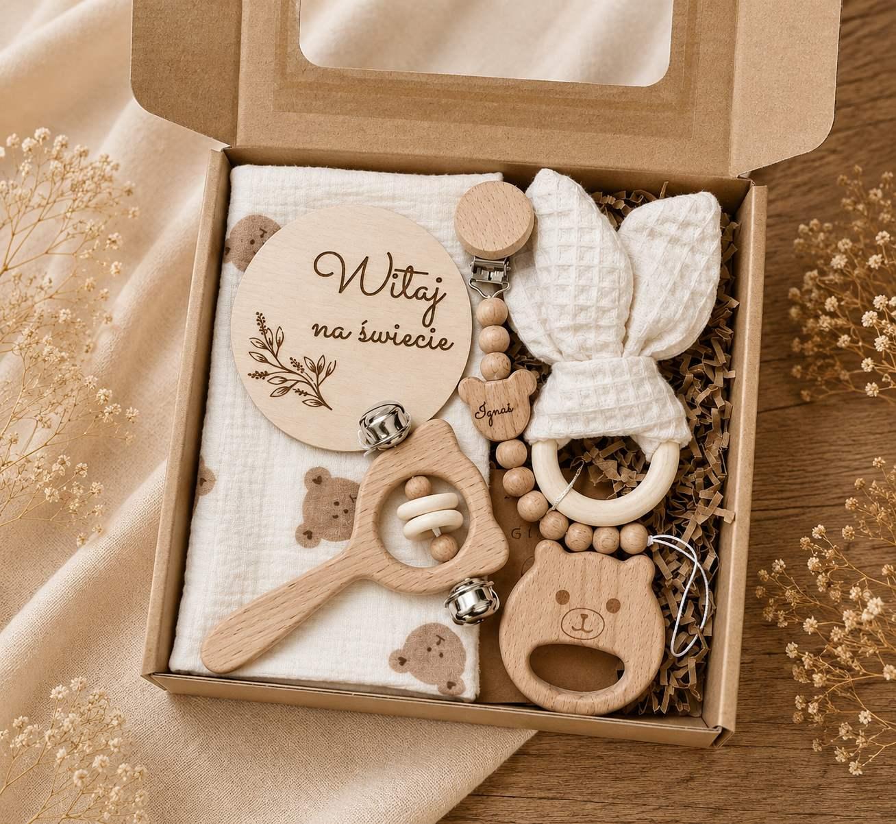 Prezent dla niemowlaka, baby shower box, box prezentowy, zestaw wyprawkowy - zestaw z misiem